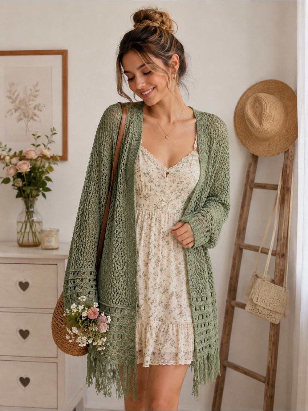 Audrey parks  boho Lightweight Olive Green Crochet Fringe Cardigan Sweater L